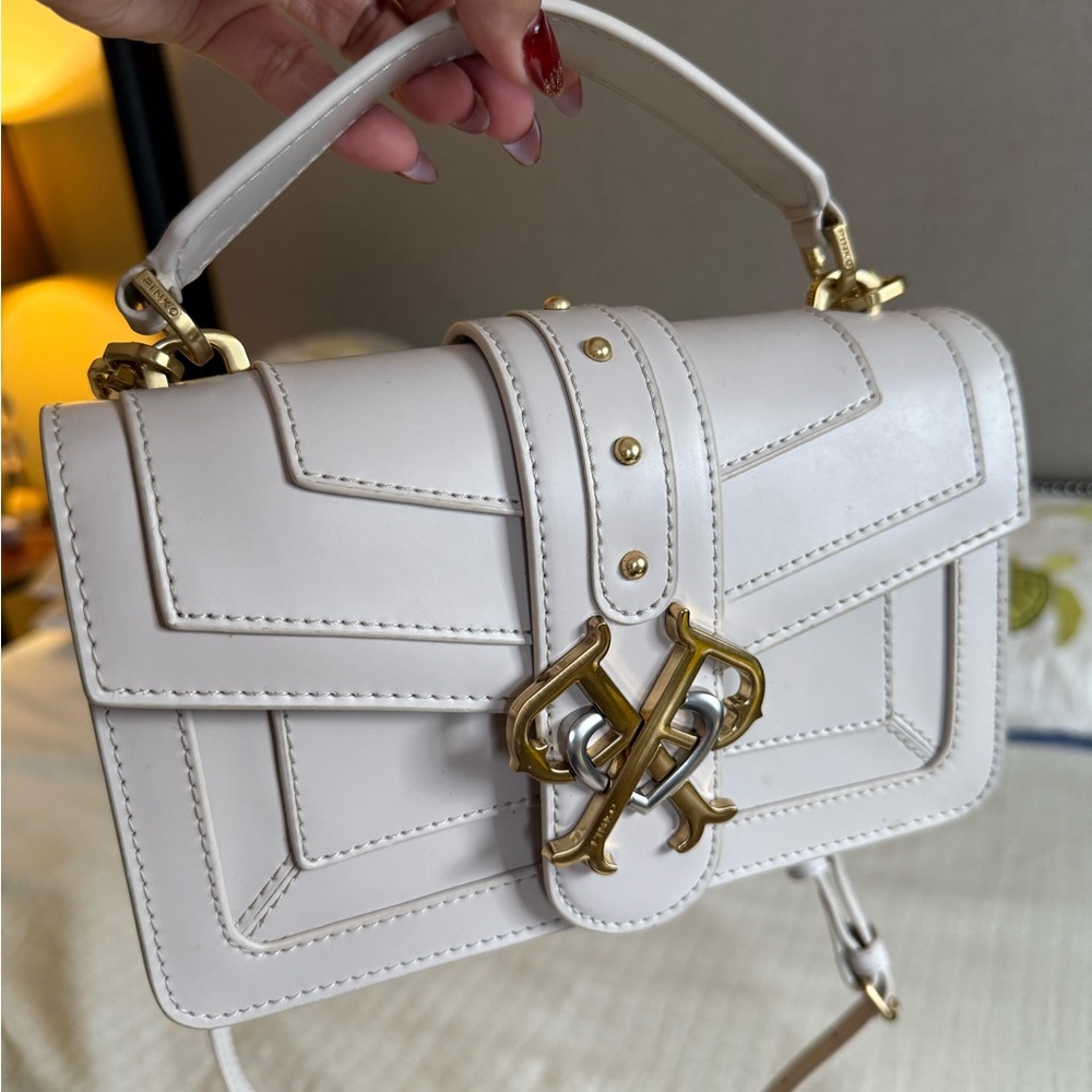 Pinko Double P Mini Icon Classique leather crossbody bag in light grey